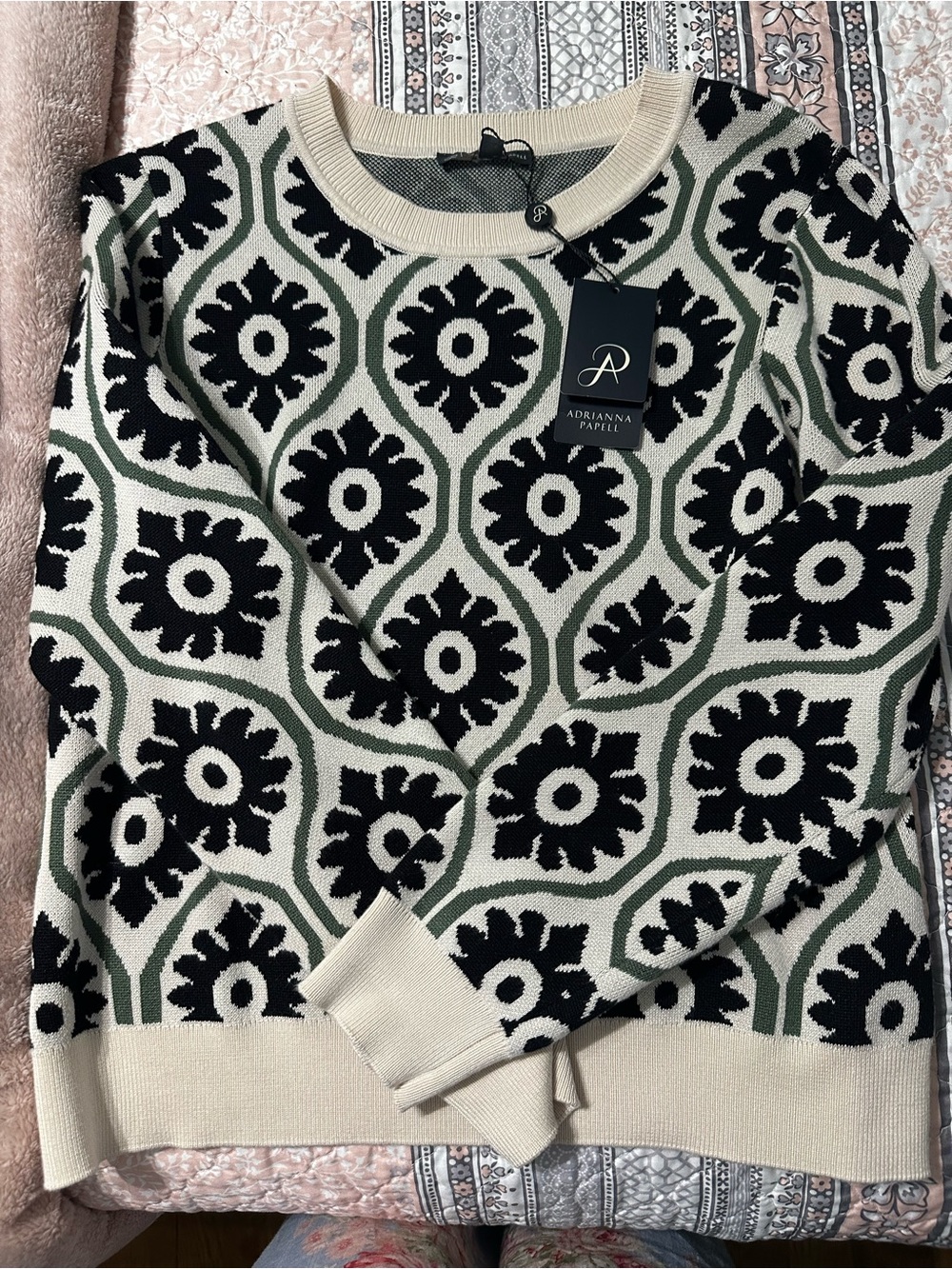 Adrianna Papell Cream, Black & Olive Geometric Floral Sweater
